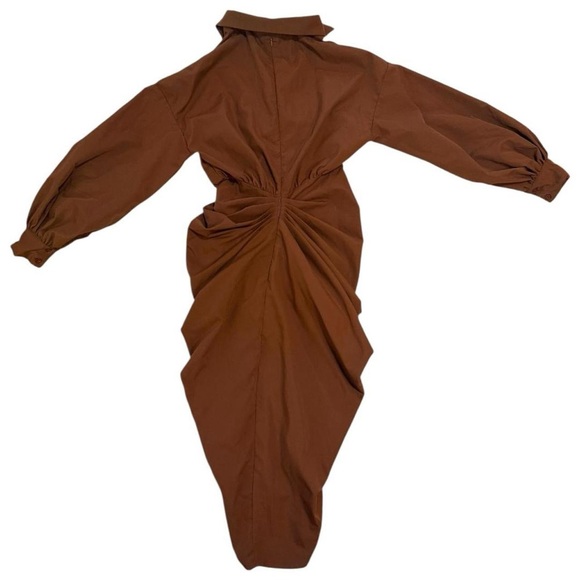 Balloon Sleeve Gathered Skirt Midi Shirt Dress - Picture 2 of 8